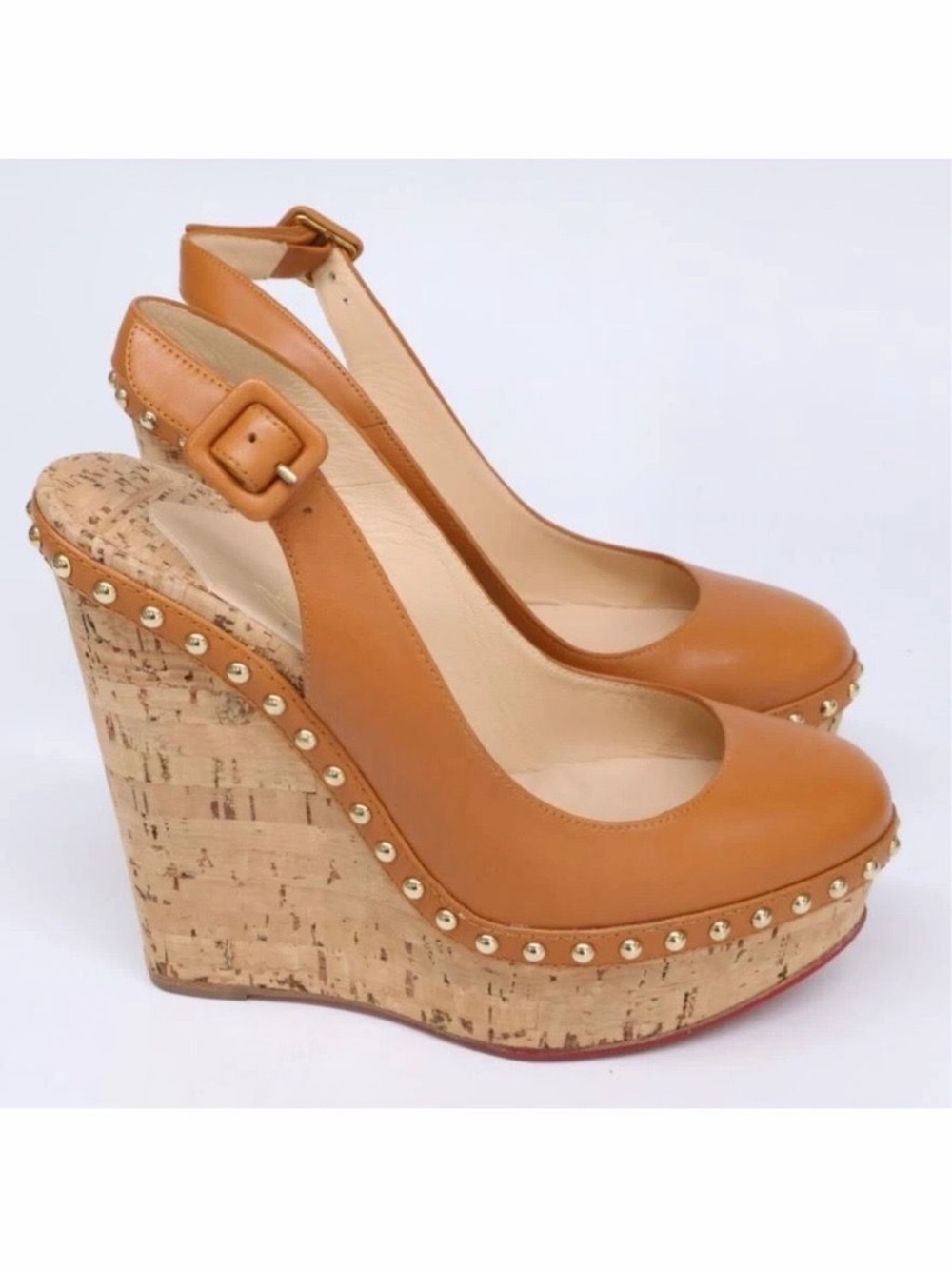 Christian Louboutin Tan Leather Cork Wedge Slingback with Gold Studs